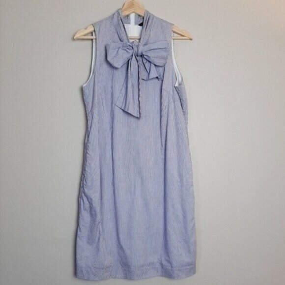 BANANA REPUBLIC | Sleeveless Bow Neck Shift Dress Stripe Blue & White 10 Petite - Picture 2 of 10
